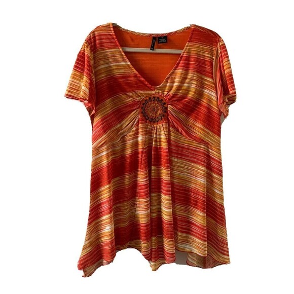 New Directions Womens Plus Size 1X Multicolor Striped V Neck Short Sleeve Blouse - Picture 1 of 5
